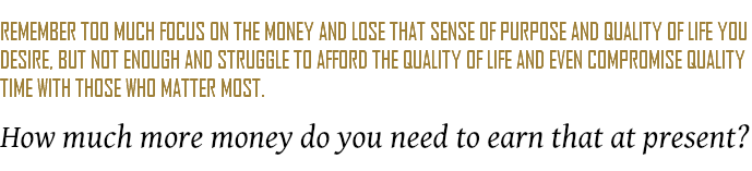 REMEMBER TOO MUCH FOCUS ON THE MONEY AND LOSE THAT SENSE OF PURPOSE AND QUALITY OF LIFE YOU DESIRE, BUT NOT ENOUGH AND STRUGGLE TO AFFORD THE QUALITY OF LIFE AND EVEN COMPROMISE QUALITY TIME WITH THOSE WHO MATTER MOST. How much more money do you need to earn that at present? 